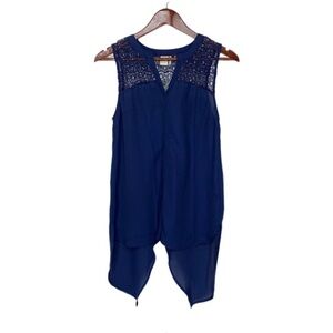 Paper Crane Navy Blue Crocheted Sleeveless Cutout Layer Hem Blouse Tank Sz Small